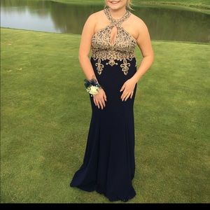 David’s Bridal Prom dress, size 12, navy and gold
